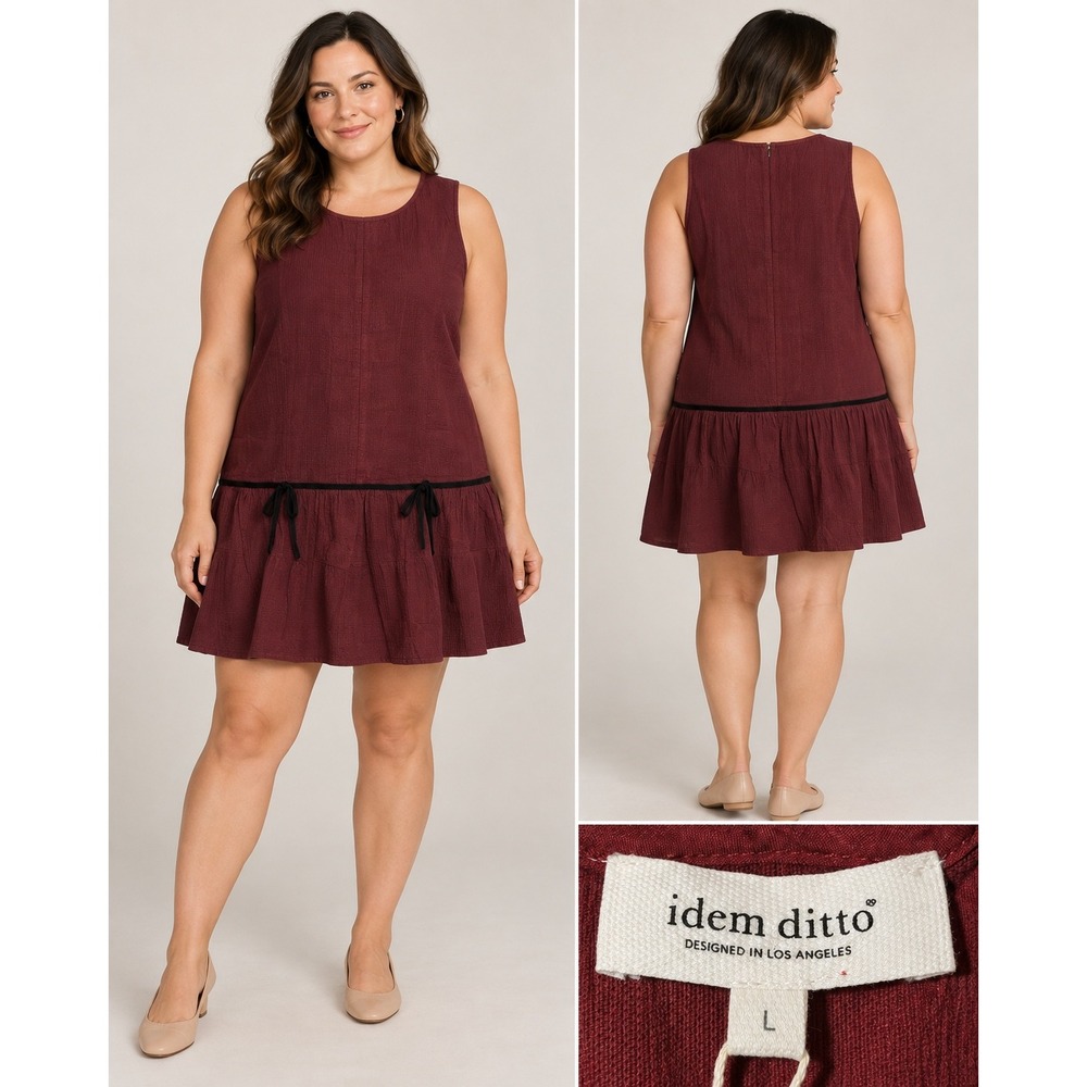 Idem Ditto Burgundy Corduroy Drop Waist Babydoll Dress Velvet Trim Large NWT